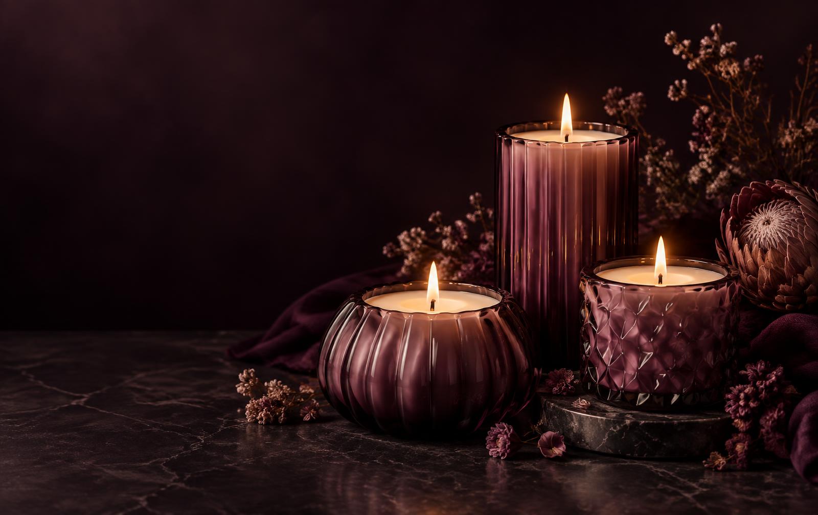 Handmade candles glowing in deep plum glass