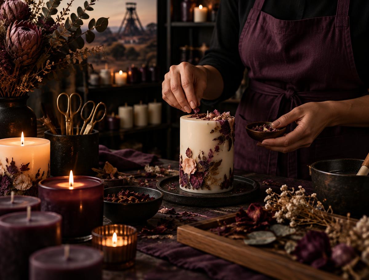 Hands decorating a candle with dried flowers